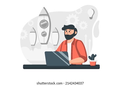 Idea generation concept in flat design. Businessman creates new project, brainstorming, launches startup business and develops successful strategy. Vector illustration with people scene for web