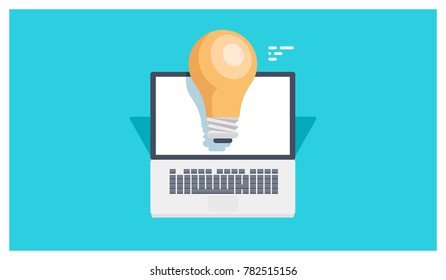 Idea generation concept, laptop with lighting bulb, internet application notification isometric 3d vector