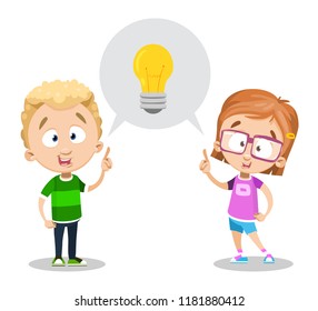 Idea generation concept with little children. Smiling kids pointing on lightbulb. Think outside the box vector illustration in cartoon style. Creativity process and good idea. Kids brainstorm banner