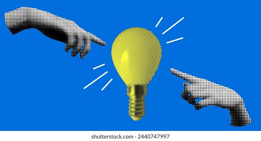 Idea generation concept. Modern collage with halftone hands and light bulb. Retro halftone hands reach out to the light bulb. Teamwork. Knowledge concept. Inspiration. Creative thinking in business