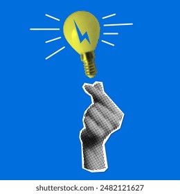 Idea generation concept. Modern collage with halftone hand and light bulb. Light bulb lights up with a snap of your fingers. Knowledge concept. Inspiration. Creative thinking in business