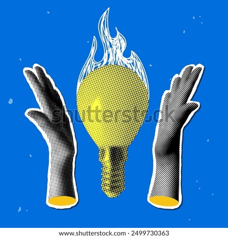 Idea generation concept. Modern collage with halftone hands and burning light bulb. Creative thinking in business. Inspiration, intelligence, knowledge accumulation. Newspaper element. Pop art style