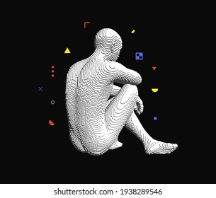 Idea generation concept. Now is the time to create something new. Man sitting on the floor with his back to us. He has a lot of ideas. Voxel art. 3D vector illustration.