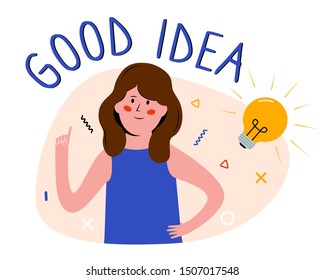 Idea Generation Concept. Smiling girl with light bulb. Young Woman had an idea. Flat vector illustration
