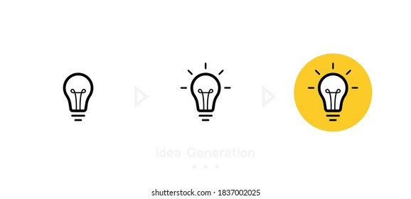 Idea generation concept with three step. Label design with light bulb and rays. Logo design. Vector illustration.