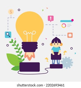 Idea Generation, Content creative idea generation vector illustration. Cartoon businesswoman working with laptop on success start up isolated on white