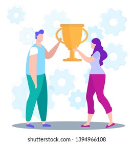 Idea Generation. Creating Business Ideas. Man and Woman Hold in Hand Champion Cup. Turn into Reality Thoughts. Vector Illustration. Get Profit. Reward for New Idea. Teamwork. Work on Project.