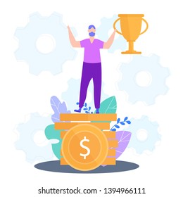 Idea Generation. Creating Business Ideas. Turn into Reality Thoughts. Get Profit. Reward for New Idea. Work on Project. Vector Illustration. Man with Winning Cup Standing on Money Pіramіde.
