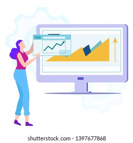 Idea Generation. Creating Business Ideas. New Technologies. Vector Illustration. Turn into Reality Thoughts. Woman Hold in Hand Icon with Graph on Background Monitor. Work on Project.