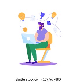 Idea Generation. Creating Business Ideas. Technologies. Earn Money. Work at Laptop. Turn into Reality Thoughts. Reward for New Idea. Man Working on Laptop. Plan Successful Project. Vector Illustration