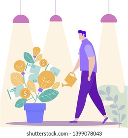 Idea Generation. Creating Business Ideas. Earn Money. Turn into Reality Thoughts. Vector Illustration. Get Profit. Reward for New Idea. Man with Watering Can Hand near Money Tree. Grow Tree.