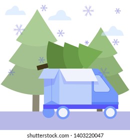 Idea Generation. Creating Business Ideas. Truck Carries Spruce in Winter Forest. Get Profit. Reward for New Idea. Vector Illustration. Christmas Tree in Truck. Snowy Weather in Forest.