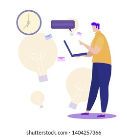 Idea Generation. Creating Business Ideas. Vector Illustration. New Technologies. Work at Laptop. Turn into Reality Thoughts. Use Electronic Media. Man Write Message on Laptop on Background Clock.