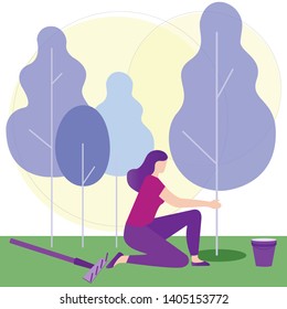 Idea Generation. Creating Business Ideas. New Technologies. Woman Plants Tree in Park. Turn into Reality Thoughts. Work on Project. Vector Illustration. Grow Plant. Work in Garden. Rake on Grass.