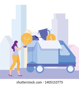 Idea Generation. Creating Business Ideas. New Technologies. Earn Money. Items in Box. Turn into Reality Thoughts. Cash Reward. Woman Put in Truck Award for Successful Idea. Vector Illustration.