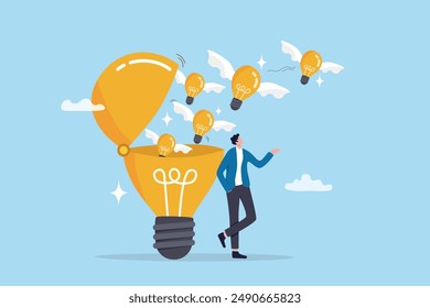 Idea generation, creativity or innovation to inspire new ideas, invention and knowledge, imagination or wisdom for solution concept, young adult man open lightbulb to develop and generate new ideas.