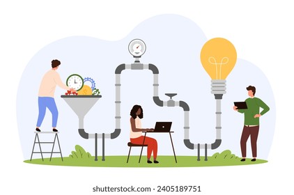 Idea generation with funnel, marketing strategy and ecommerce. Tiny people exchange money, gears and time to creative content in machine with cone filter with pipes cartoon vector illustration