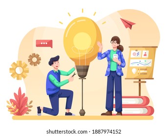 Idea Generation Illustration, Gathering with Team to Find the Best Idea. This illustration can be use for website, landing page, web, app, and banner.