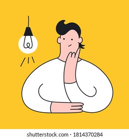 Idea generation, imagination, creativity, solution concept. Thinking man and the lightbulb. Flat clean outline isolated vector illustration