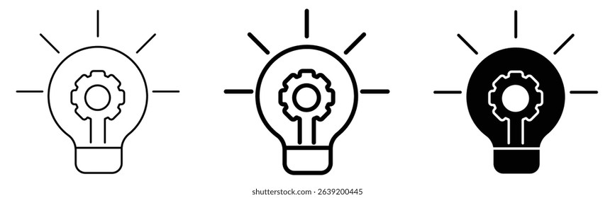 Idea generation and innovation concept icon set, lightbulb with gear symbol for creative thinking, technological solutions, strategic development, and efficient process engineering vector art