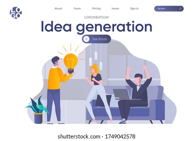 Idea generation landing page with header. Students discussing new project, startup team meeting and brainstorming in office scene. Coworking, teamwork and creativity situation flat vector illustration