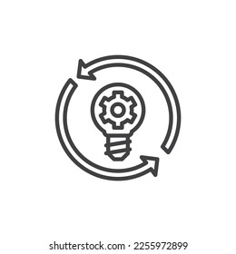 Idea generation line icon. linear style sign for mobile concept and web design. Lamp with gear and arrows outline vector icon. Symbol, logo illustration. Vector graphics