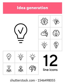 Idea generation line icon set. Brain, lightbulb, strategy. Brainstorming concept. Can be used for topics like solution, creativity, marketing