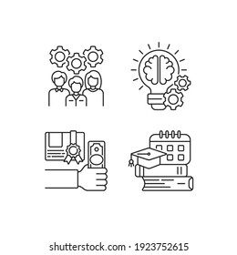 Idea generation linear icons set. Improving professional skills. Getting new knowledge. Bootcamp concept. Customizable thin line contour symbols. Isolated vector outline illustrations. Editable stroke