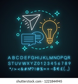 Idea generation neon light concept icon. Life skills. Solution searching. Creativity idea. Brainstorming. Glowing sign with alphabet, numbers and symbols. Vector isolated illustration