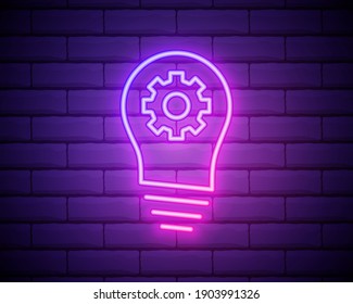 Icono de luz de neón de generación de ideas. Desarrollo de inicio. Nuevo concepto de negocio. Innovaciones. Bombilla con ruedas cognitivas. Señal brillante aislada en el fondo de la pared. Ilustración aislada del vector.
