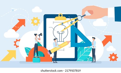 Idea generation. Office stationery and tools. Folder with a drawing. Сompass, protractor, pencil, triangle. Drawing tools illustration. Tiny characters work in a team. Flat design vector illustration