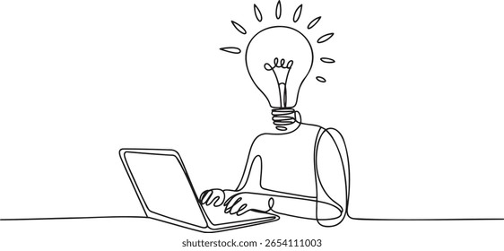 Idea Generation Person with Lightbulb Head Working on Laptop One Line Drawing