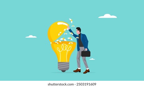 Idea generation, process of developing ideas to inspire the emergence of new ideas, innovation or creativity, young businessman opens lightbulb ideas to create more new lightbulb ideas