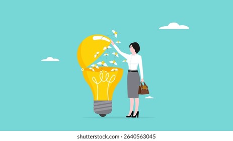 Idea generation, process of developing ideas to inspire the emergence of new ideas, innovation or creativity, young business woman opens lightbulb ideas to create more new lightbulb ideas