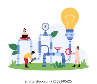 Idea generation process, solution creation and start of digital project. Tiny people connect factory pipeline and light bulb, work with success idea generator machine cartoon vector illustration