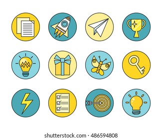 Idea generation round icon set in flat. Idea generation, problem solving, strategy solution, analysis innovation, research, brainstorm, good solution, optimization, insight, inspiration illustration.