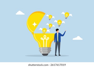 Idea generation, young adult man open lightbulb to develop and generate new ideas.