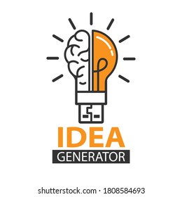 Idea Generator. The human brain and the light bulb. Editable vector illustration for website, booklet, project, and creative design. Stock image isolated on a white background.