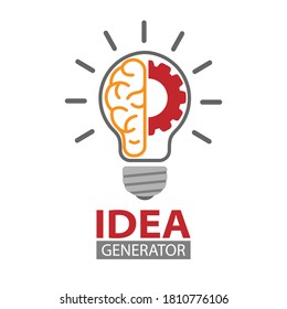 Idea Generator. A light bulb, a human brain, and a cog. Editable vector illustration for website, booklet, project, and creative design. Stock image isolated on a white background.