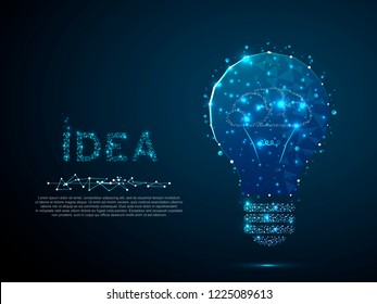 Idea with geometry triangle. Brain silhouette lamp bulb image. Incandescent lamp. Low poly, polygonal wireframe Vector illustration with scattered particles and light effects on a dark blue background