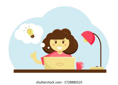 Idea. The girl works at the computer on a school project. Vector illustration in flat style, cartoon style