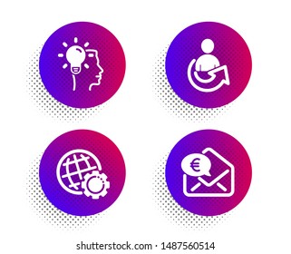 Idea, Globe and Share icons simple set. Halftone dots button. Euro money sign. Professional job, Internet settings, Referral person. Receive cash. Technology set. Classic flat idea icon. Vector