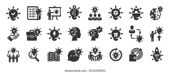 Idea glyph solid icons collection. Containing creativity, innovation, brainstorm, solution. Minimal icon and symbol series vector illustration