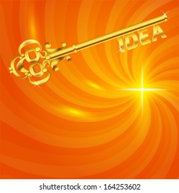 Idea with golden key template. Birth of new ideas, business concept. Shining orange, yellow background
