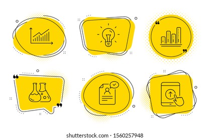 Idea, Graph chart and Swipe up signs. Chat bubbles. Resume document, Chemistry lab and Graph line icons set. Application, Laboratory, Presentation diagram. Light bulb. Science set. Vector