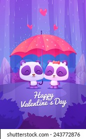 Idea for greeting card with Happy Wedding or Valentine's Day Cute panda under umbrella in rain. Cartoon vector illustration eps 10