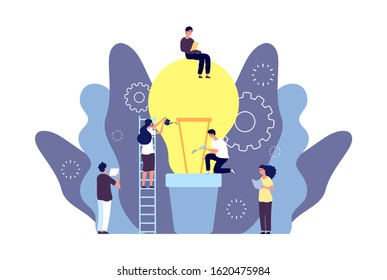 Idea grows concept. Team grows business idea vector illustration. Creative men women characters, lamp bulb in pot. Collaboration teamwork startup