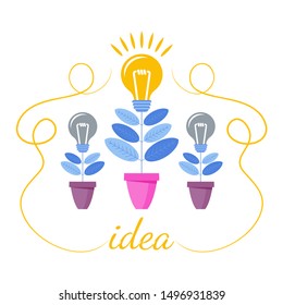 Idea growth concept. Idea grows like a flower in a flower pot. Development of creativity. Innovation for business and creativity. Trendy flat vector style illustration on white background.