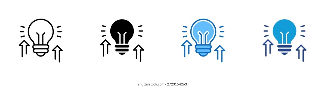 Ícone Design Vetor de Ícone de Crescimento de Ideias - Lâmpada com setas para cima representando o desenvolvimento de ideias e o crescimento criativo