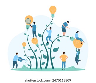 Idea growth, research of new success business projects, tips and innovations. Tiny people with magnifying glass study together growing light bulb plants in garden cartoon vector illustration